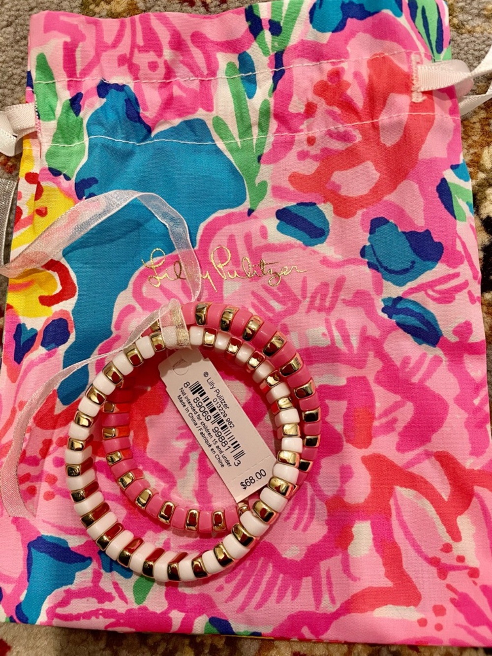 Lilly Pulitzer Pink, White & Gold Beaded Stretch Bracelet Duo